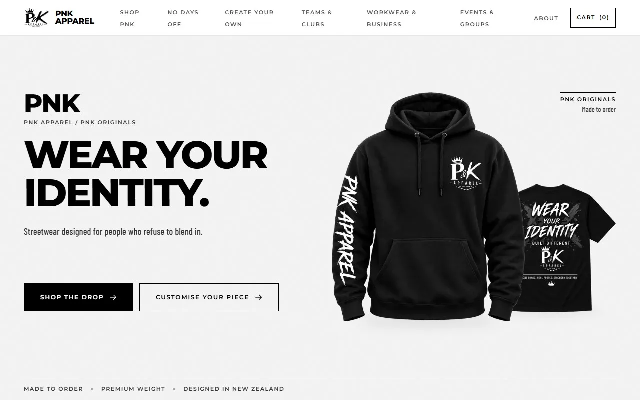 PNK Apparel store homepage with a black hoodie and tee and a Shop the Drop button